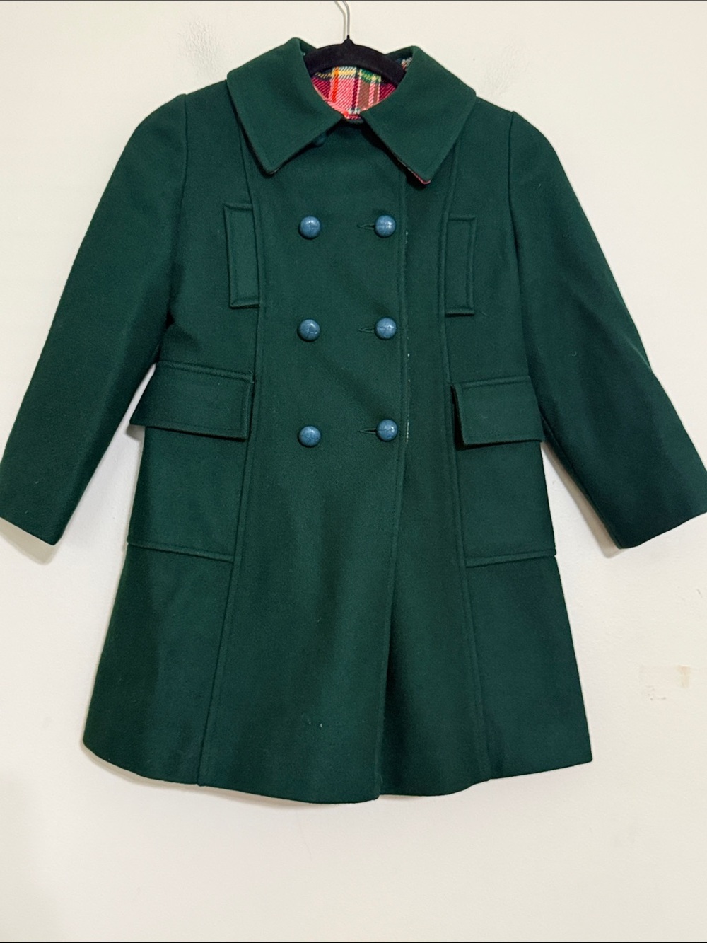 Vintage Dark Green Double-Breasted girls Wool pea Coat plaid lined winter Y2K